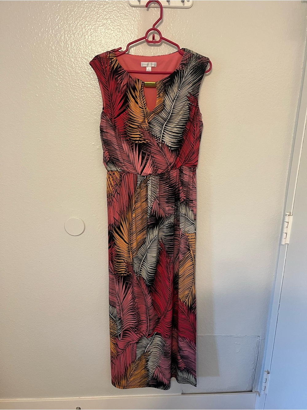 London Times Coral Pink Multi-Feather Print Maxi Dress